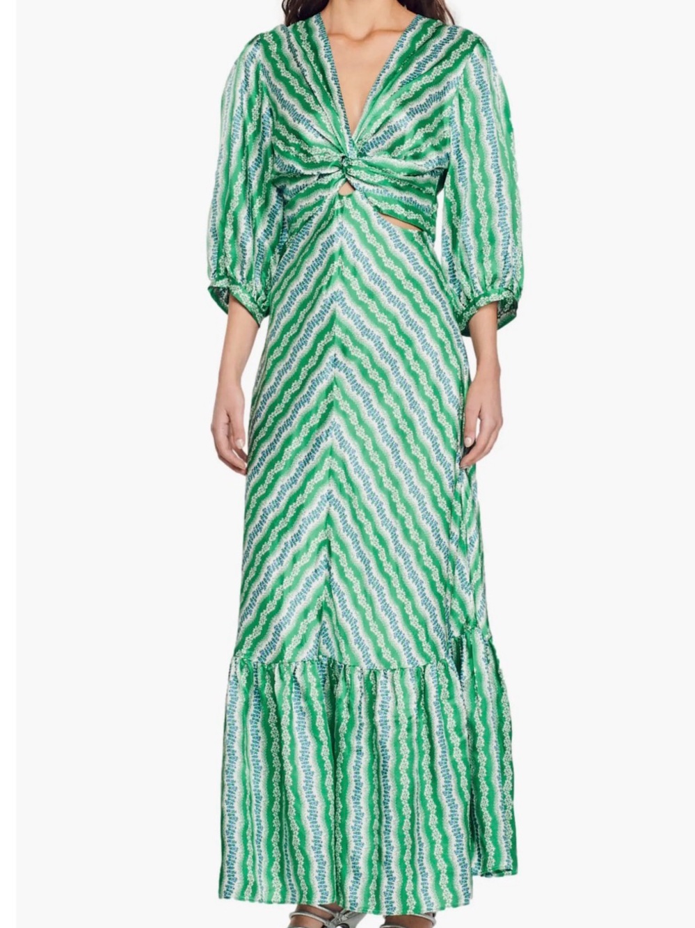 Sandro Green Striped Twist-Front Maxi Dress